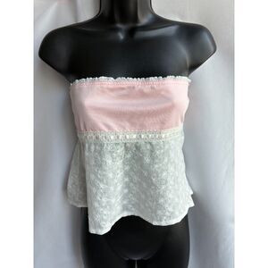 Pink White Lace Eyelet Strapless Top Size S Cottagecore Dairy Romantic Flirty